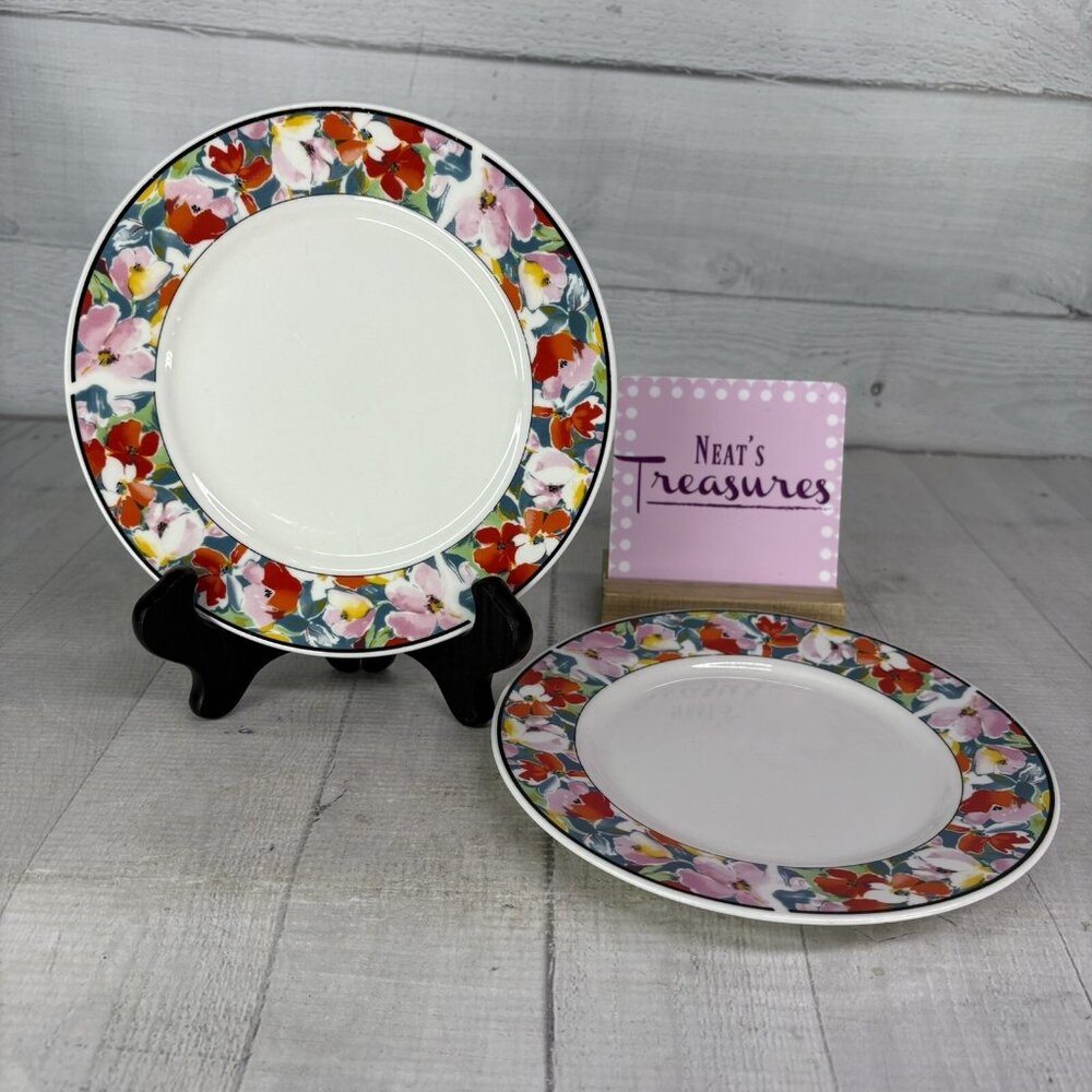 China Pearl DAISY Red Pink Blue Yellow Floral Rim Fine China Salad Plates Set 2